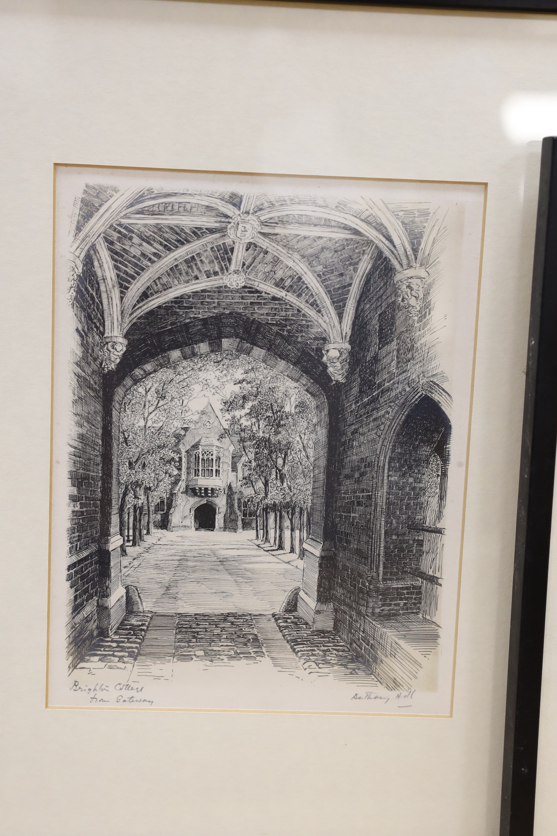 Anthony Hill (1930-2020), three etchings, Views of Brighton College, 16 x 21cm, with four other assorted views of the college